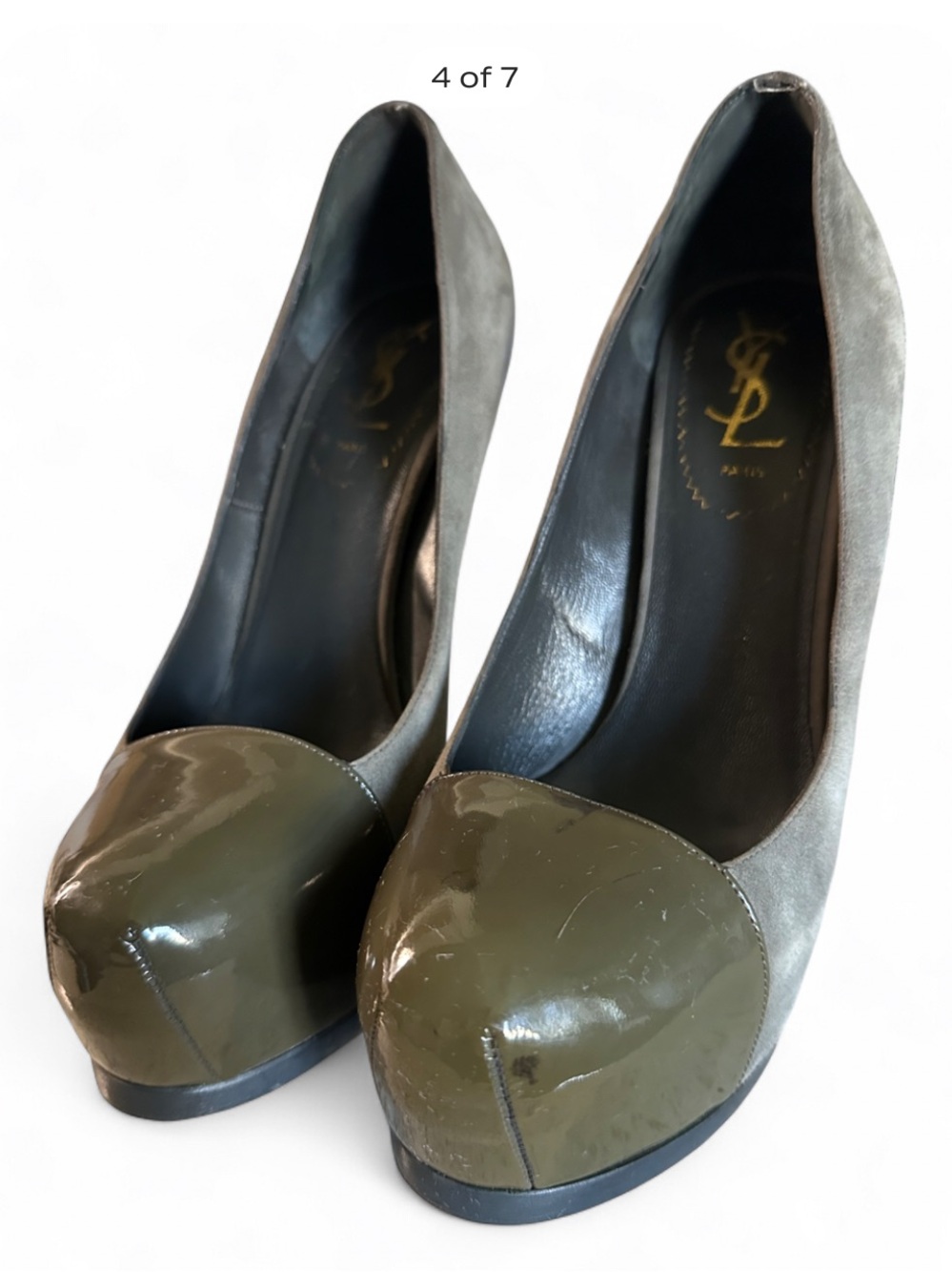 YSL Olive Suede Platform Pumps with Patent Toe - Picture 4 of 10